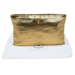 Pre Owned Prada Gold Crackled Leather Oversized Clutch