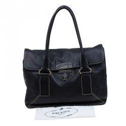 Pre Owned Prada Black Leather Pattina Shopping Tote