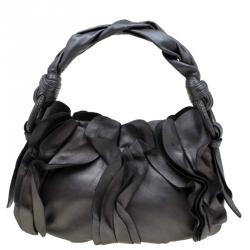 Pre Owned Prada Metallic Grey Leather Small Ruffle Hobo