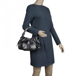 Pre Owned Prada Metallic Grey Leather Small Ruffle Hobo