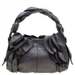 Pre Owned Prada Metallic Grey Leather Small Ruffle Hobo