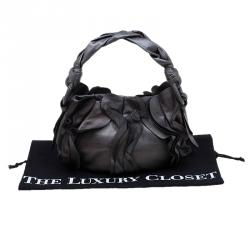 Pre Owned Prada Metallic Grey Leather Small Ruffle Hobo