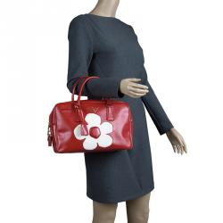 Pre Owned Prada Red and White Saffiano Vernice Patent Leather Bauletto Flower Top handle Bag