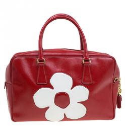 Pre Owned Prada Red and White Saffiano Vernice Patent Leather Bauletto Flower Top handle Bag