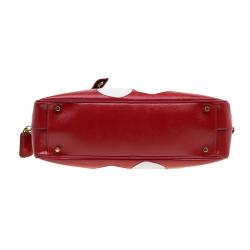 Pre Owned Prada Red and White Saffiano Vernice Patent Leather Bauletto Flower Top handle Bag