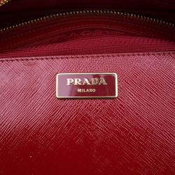 Pre Owned Prada Red and White Saffiano Vernice Patent Leather Bauletto Flower Top handle Bag