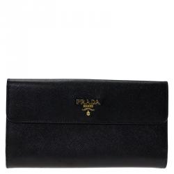 Pre Owned Prada Black Saffiano Leather Long Flap Wallet