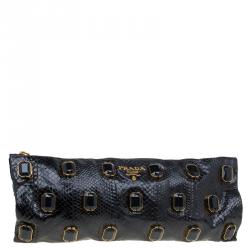 Pre Owned Prada Black Python Embellished Jewel Oversized Clutch