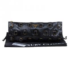 Pre Owned Prada Black Python Embellished Jewel Oversized Clutch