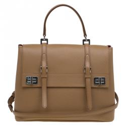 Pre Owned Prada Beige Saffiano Cuir Leather Double Turn Lock Satchel