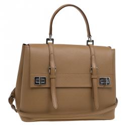 Pre Owned Prada Beige Saffiano Cuir Leather Double Turn Lock Satchel