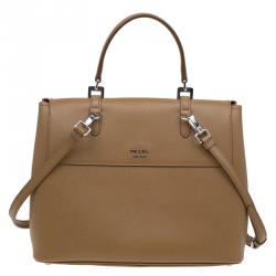 Pre Owned Prada Beige Saffiano Cuir Leather Double Turn Lock Satchel