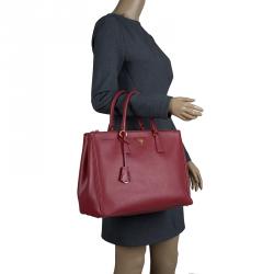 Pre Owned Prada Red Saffiano Lux Leather Large Double Zip Tote