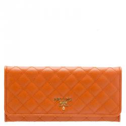 Pre Owned Prada Orange Quilted Saffiano Leather Continental Wallet