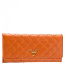 Pre Owned Prada Orange Quilted Saffiano Leather Continental Wallet