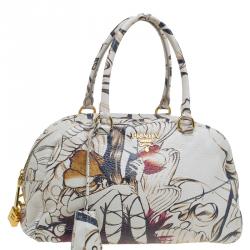 Pre Owned Prada Beige Astro Cervo Lux Leather Limited Edition Fairy Print Bowler Bag