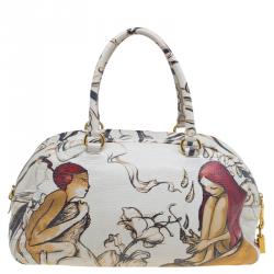 Pre Owned Prada Beige Astro Cervo Lux Leather Limited Edition Fairy Print Bowler Bag