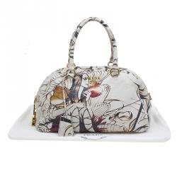 Pre Owned Prada Beige Astro Cervo Lux Leather Limited Edition Fairy Print Bowler Bag