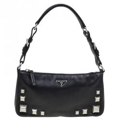 Pre Owned Prada Black Leather Studded Shoulder Bag