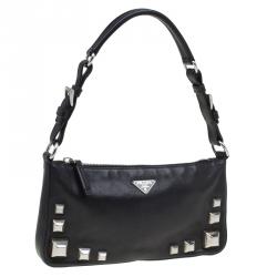 Pre Owned Prada Black Leather Studded Shoulder Bag