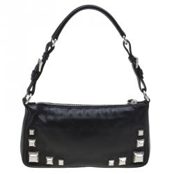 Pre Owned Prada Black Leather Studded Shoulder Bag