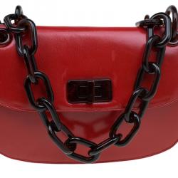 Pre Owned Prada Red Leather Madras Shoulder Bag
