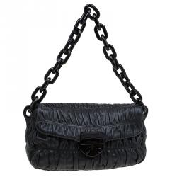 Pre Owned Prada Black Leather Gaufre Chain Shoulder Bag