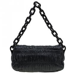 Pre Owned Prada Black Leather Gaufre Chain Shoulder Bag