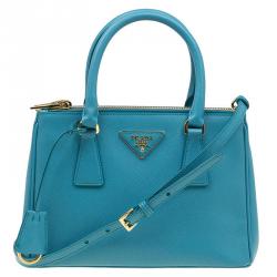 Pre Owned Prada Turquoise Saffiano Lux Leather Mini Double Zip Tote