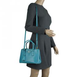 Pre Owned Prada Turquoise Saffiano Lux Leather Mini Double Zip Tote