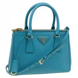 Pre Owned Prada Turquoise Saffiano Lux Leather Mini Double Zip Tote