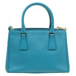 Pre Owned Prada Turquoise Saffiano Lux Leather Mini Double Zip Tote