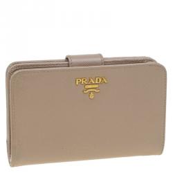 Pre Owned Prada Latte Saffiano Leather Zip Around Compact Wallet