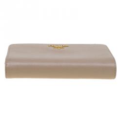 Pre Owned Prada Latte Saffiano Leather Zip Around Compact Wallet