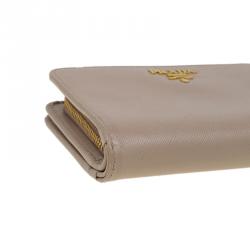 Pre Owned Prada Latte Saffiano Leather Zip Around Compact Wallet