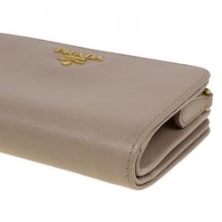 Pre Owned Prada Latte Saffiano Leather Zip Around Compact Wallet