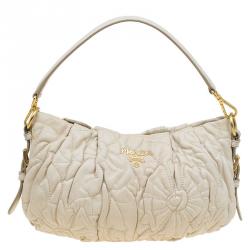 Pre Owned Prada Cream Leather Embroidered Petal Shoulder Bag