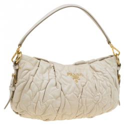 Pre Owned Prada Cream Leather Embroidered Petal Shoulder Bag