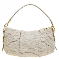 Pre Owned Prada Cream Leather Embroidered Petal Shoulder Bag