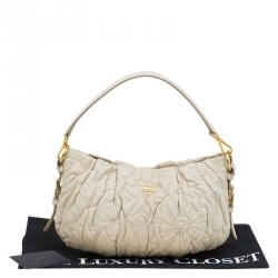 Pre Owned Prada Cream Leather Embroidered Petal Shoulder Bag