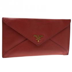 Pre Owned Prada Red Saffiano Leather Envelope Wallet