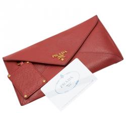Pre Owned Prada Red Saffiano Leather Envelope Wallet