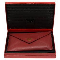 Pre Owned Prada Red Saffiano Leather Envelope Wallet