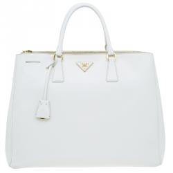 Pre Owned Prada White Saffiano Lux Leather Double Zip Executive Tote