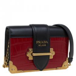 Pre Owned Prada Red/Black Crocodile and Leather Cahier Shoulder Bag