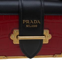 Pre Owned Prada Red/Black Crocodile and Leather Cahier Shoulder Bag
