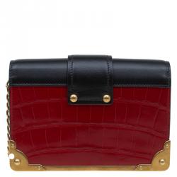 Pre Owned Prada Red/Black Crocodile and Leather Cahier Shoulder Bag