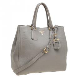 Pre Owned Prada Grey Vitello Daino Leather Shopper Tote