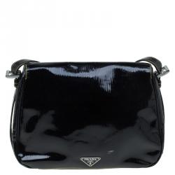 Pre Owned Prada Black Patent Leather Flap Crossbody Bag