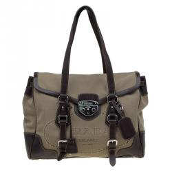 Pre Owned Prada Beige/Brown Canvas and Leather Push Lock Tote